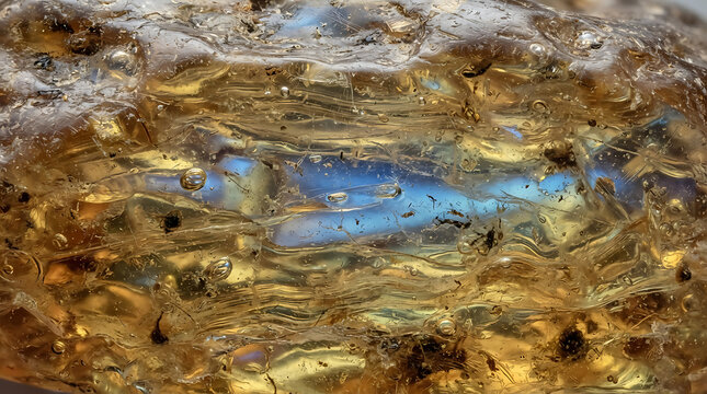 Amber gemstone displaying intricate ancient resin layers with trapped organic details and iridescent blue undertones captured in close up.