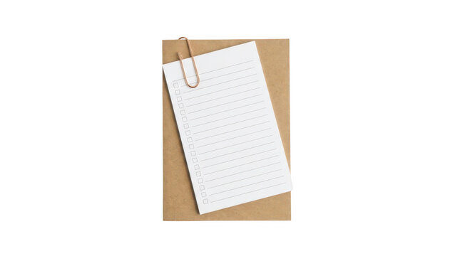 Notebook paper with checkboxes and a paper clip on brown cardboard, isolated on transparent background