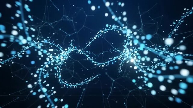 Abstract AI data visualization with flowing luminous particles through a futuristic digital network, representing artificial intelligence, machine learning, data processing and technology.