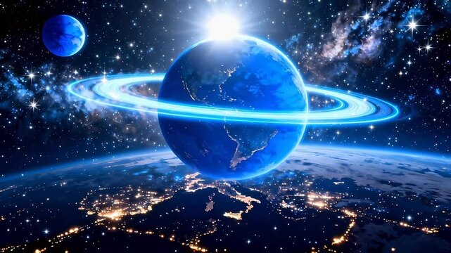 Planet with rings and stars in space