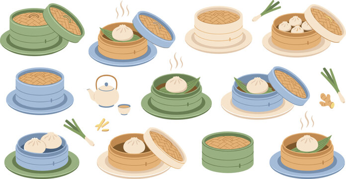 Traditional Chinese Dim Sum Steamed Dumplings and Baozi Vector Set with Bamboo Steamers Ceramic Pots Teapot Green Onions and Ginger for Asian Restaurant Menu Designs