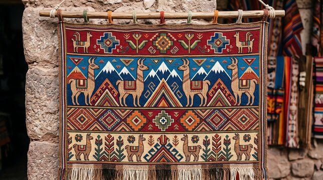 Peruvian traditional handwoven textile hanging on stone wall featuring llamas mountain patterns and vibrant geometric designs in artisanal style