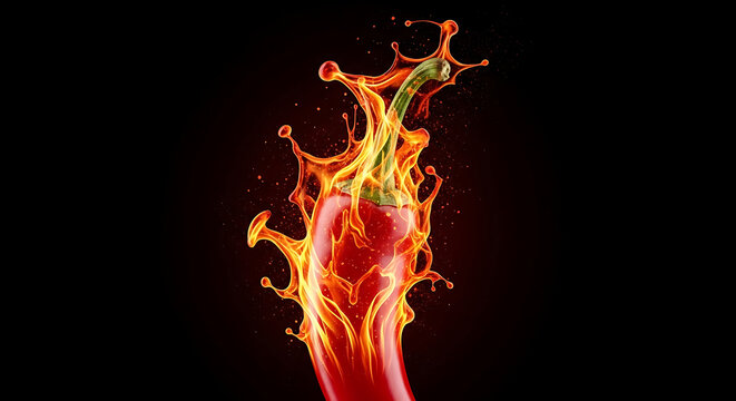 Red chili pepper engulfed in vibrant orange and red flames with fiery splashes on a dark background, symbolizing intense heat and spice.