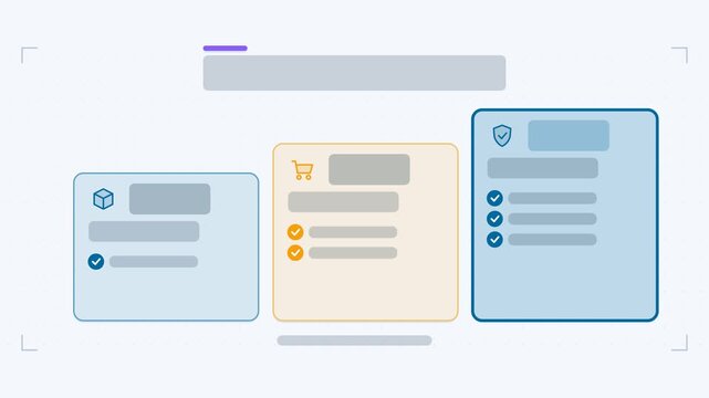 Seamless 4K looping animation of a price tiers infographic template with blocks highlighting. Flat vector shapes, icons and grey text placeholders animate on a clean light background in blue and azure