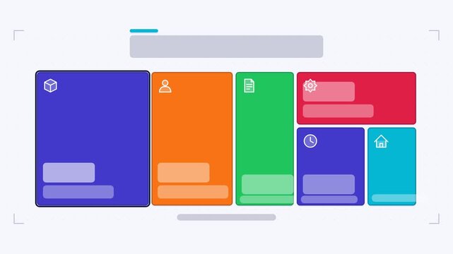 Seamless 4K looping animation of a cost structure infographic template with tiles assembling. Flat vector shapes, icons and grey text placeholders animate on a clean light background in blue and azure