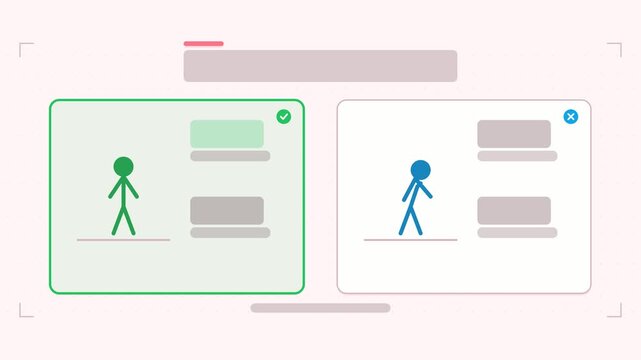 Seamless 4K looping animation of a posture guide infographic template with marks highlighting. Flat vector shapes, icons and grey text placeholders animate on a clean light background in blue and azur