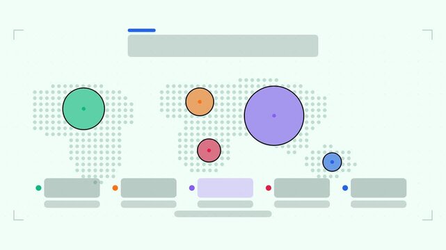 Animated market presence infographic in a modern flat vector style, circles growing in a smooth 4K loop. Blank text placeholders and blue and azure accents sit on a bright light background so headings