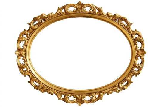 Empty ornate golden baroque oval picture frame with intricate carving patterns for luxury displays.