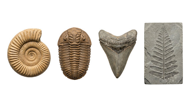 Ancient prehistoric fossils including ammonite trilobite shark tooth and fern leaf isolated on transparent background