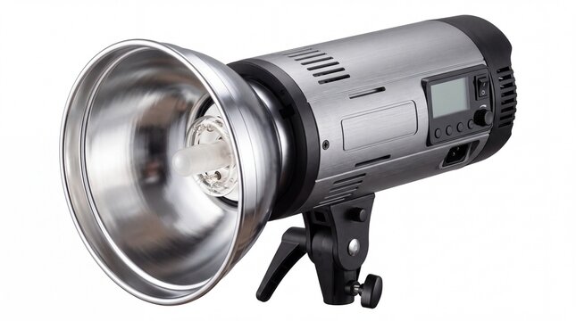 Professional studio flash strobe lighting equipment with silver reflector bowl on white background