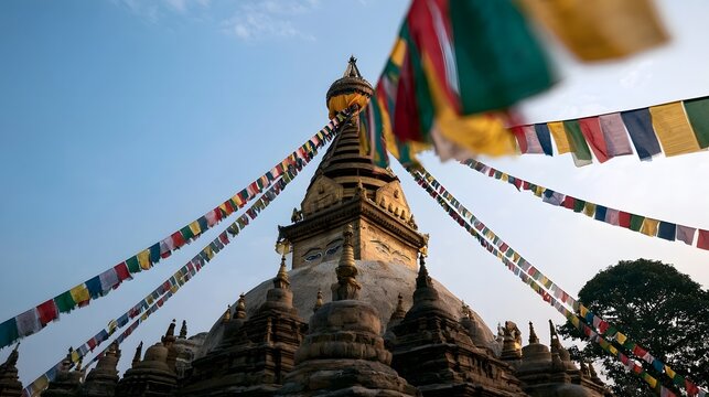 A golden stupa rises under a clear blue sky  adorned with colorful prayer flags fluttering in the breeze