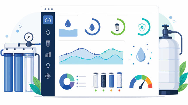 Water filtration system dashboard with infographics and icons