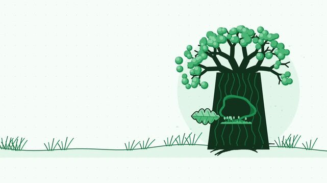 Gentle 4K seamless loop showing tree hollow shadow shifting leaf in a clean flat vector style with fresh green colours and a bright light backdrop. Slow natural movement and generous copy space. Wides