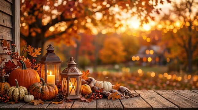 Autumnal scene with pumpkins, lanterns and fallen leaves on wooden deck at sunset