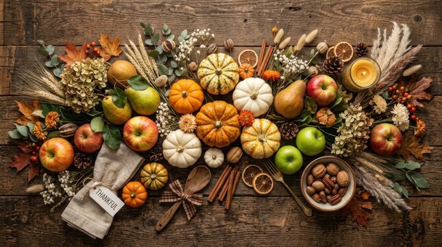 Autumn harvest arrangement with pumpkins, apples, nuts and dried flowers on rustic wood
