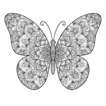 Intricate Butterfly Mandala Design Featuring Elegant Geometric Symmetry and Floral Patterns for Adult Coloring