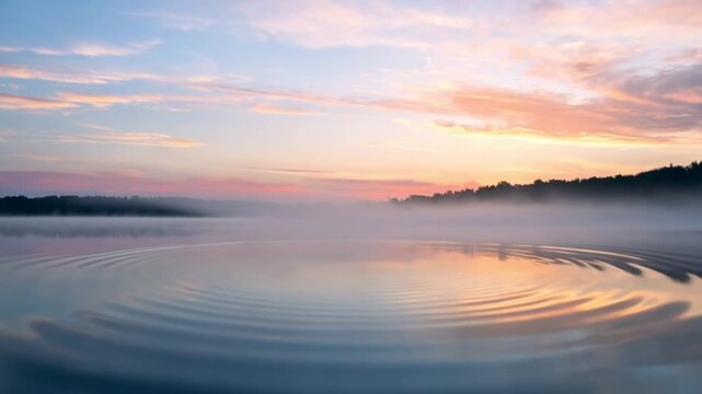 Misty lake at sunrise with soft pink and purple reflections, 4K video
