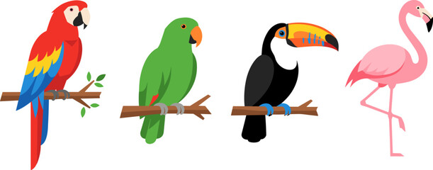 Fototapeta premium Tropical Bird Vector Set Featuring Scarlet Macaw, Green Parrot, Toucan Perched on Branches, and Standing Pink Flamingo Icons for Graphic Designs