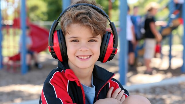 Young boy with noisecanceling headphones smiles on playground.