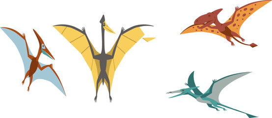 Obraz premium Prehistoric Pterosaur Flying Reptile Vector Set Featuring Pterodactyl, Quetzalcoatlus, and Rhamphorhynchus Icons for Extinct Dinosaur Graphic Designs