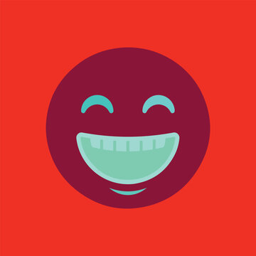 Maroon Laughing Emoji Face with Big Toothy Grin and Teal Closed Eyes on Red Background Joyful Smiley Flat Vector