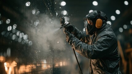 Fototapeta premium Worker in protective gear sprays surface with paint in industrial setting
