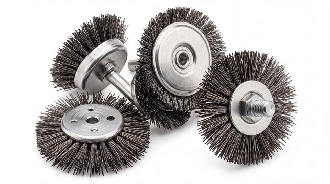 Industrial wire wheel brushes for metal polishing and rust removal sitting on white background