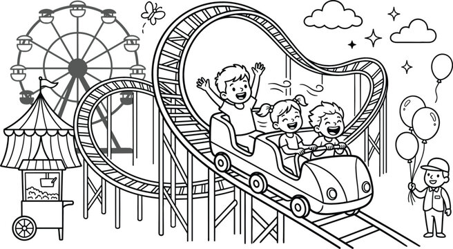 Happy children riding fast rollercoaster at amusement park with ferris wheel coloring page outline vector illustration scene