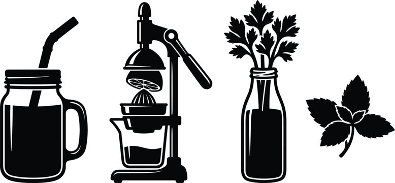 Healthy juicing vector silhouette set featuring a mason jar smoothie citrus press celery bottle and mint leaves
