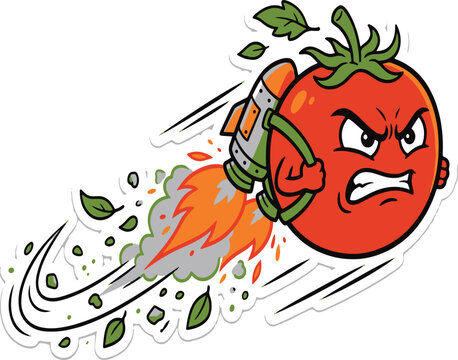 Angry red tomato cartoon character flying with a rocket jetpack on a white background vector illustration