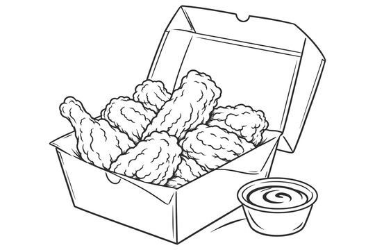 Fried Chicken Takeaway Box with Dipping Sauce Vector Illustration Fast Food Meal.