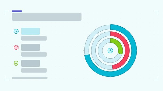 Seamless 4K looping animation of a countdown steps infographic template with ring steps sweeping. Flat vector shapes, icons and grey text placeholders animate on a clean light background in teal and t