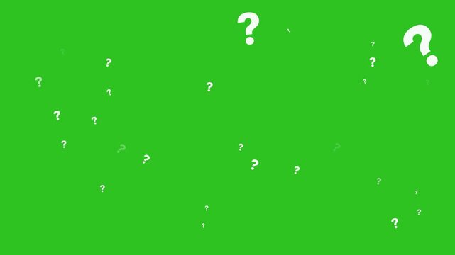 White question marks floating and rising on green screen, curiosity and FAQ concept overlay for compositing