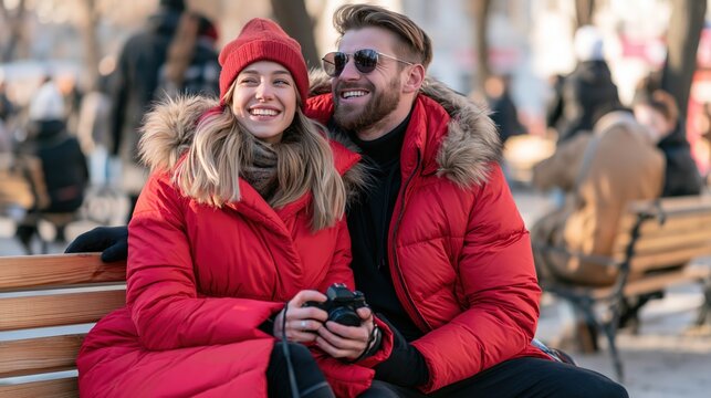 Couple dressed in warm red winter jackets enjoys a cheerful moment together while sitting outdoors.