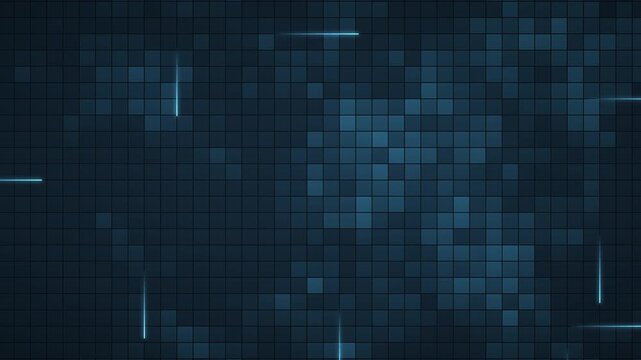 Dark blue digital tile grid with glowing squares pulsing and light lines moving, technology abstract background