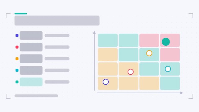 Animated risk matrix infographic in a modern flat vector style, points highlighting in a smooth 4K loop. Blank text placeholders and orange and amber accents sit on a bright light background so headin
