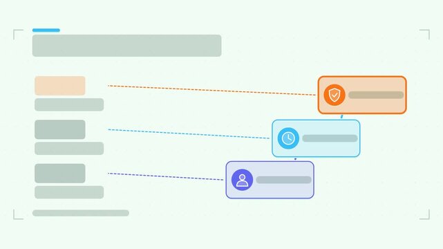 Seamless 4K looping animation of a escalation path infographic template with levels cascading. Flat vector shapes, icons and grey text placeholders animate on a clean light background in teal and turq