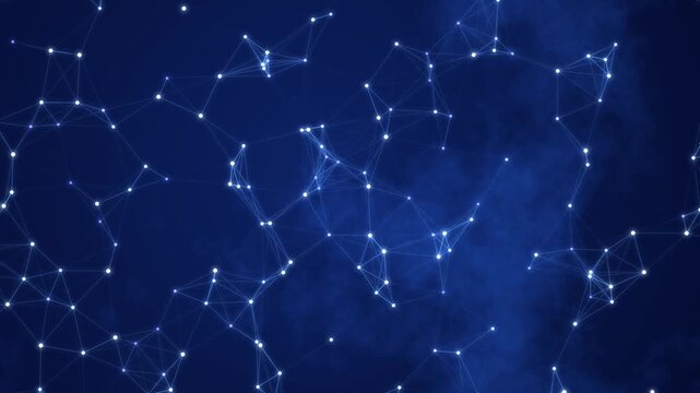 Blue plexus network of connected dots and lines drifting over deep navy background, technology connection abstract