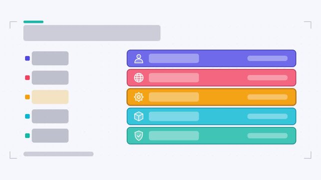 Animated tech stack layers infographic in a modern flat vector style, assembling in a smooth 4K loop. Blank text placeholders and teal and turquoise accents sit on a bright light background so heading