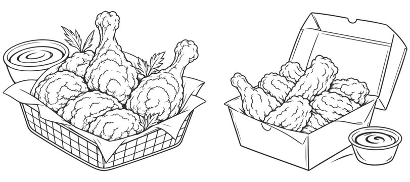 Fried Chicken Basket and Takeaway Box Vector Illustration Crispy Fast Food Meal.
