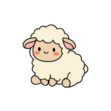 Cute kawaii fluffy sheep lamb character vector illustration sitting isolated on white background
