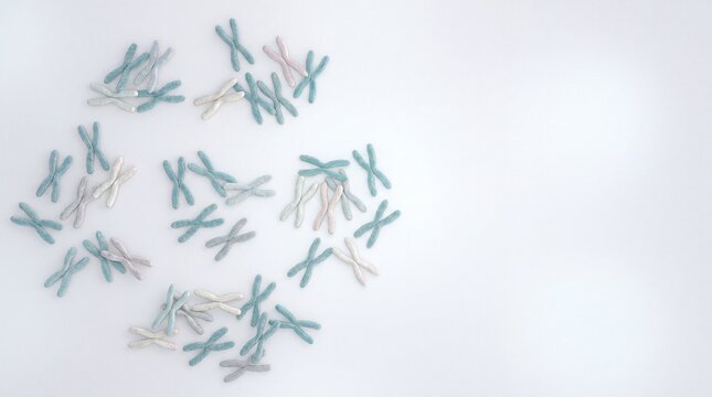 Scattered chromosomes in teal on pale background