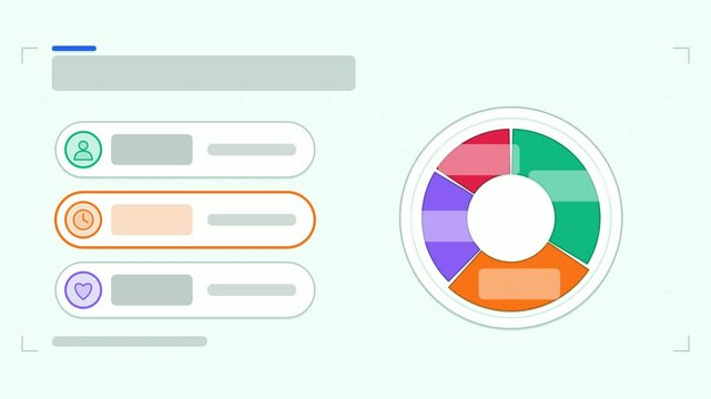 Seamless 4K looping animation of a restaurant menu infographic template with menu ring sweeping. Flat vector shapes, icons and grey text placeholders animate on a clean light background in fresh green