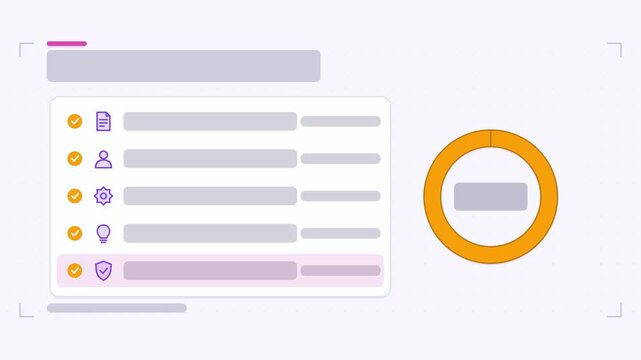 Seamless 4K looping animation of a onboarding checklist infographic template with checks highlighting. Flat vector shapes, icons and grey text placeholders animate on a clean light background in orang