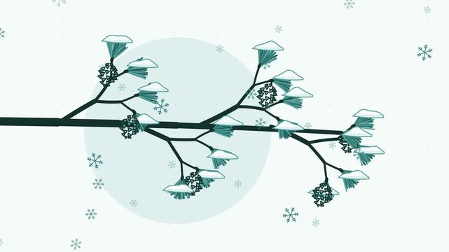 Seamless 4K looping animation of pine with snow needles bending, drawn as a minimal flat vector scene in teal and turquoise tones on a soft light background. Calm, gentle motion with plenty of empty s