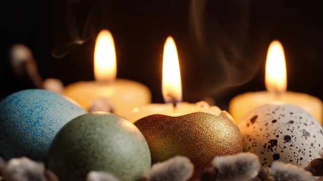 Decorated Easter eggs, burning candles and drifting smoke among pussy willow branches. Easter holiday still life. Spring celebration and renewal. Seasonal table decoration and festive