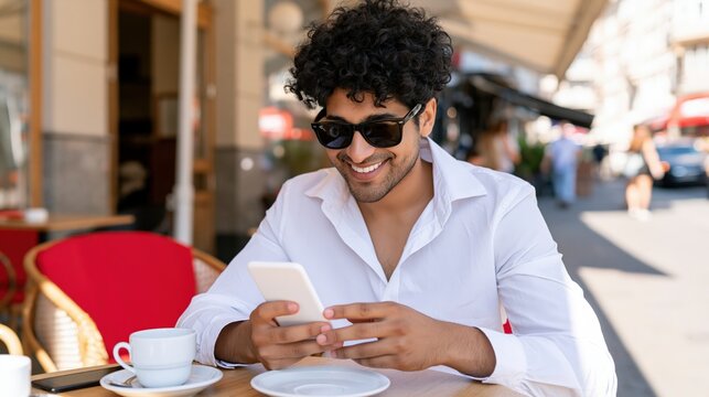Young man smiling while using a smartphone at an outdoor cafe.