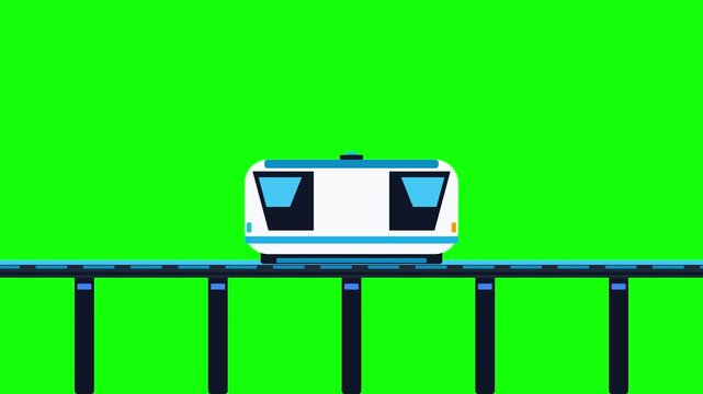Modern light rail train moving along elevated tracks against green background