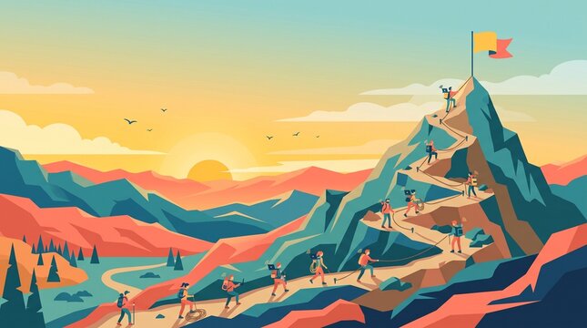 Remote Team Goal Achievement Vector, Mountain Peak Flag, Success and Teamwork Concept