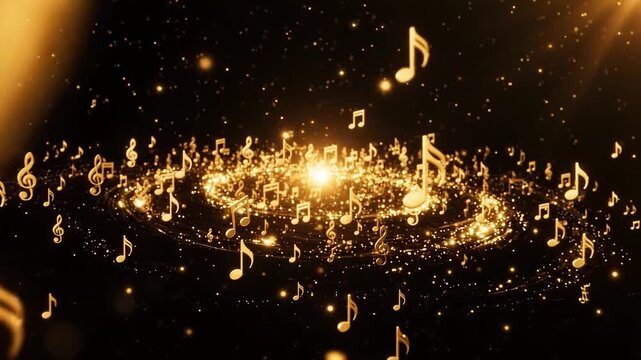 Golden musical notes flow through sparkling abstract space. Music visualization and sound concept. Melody, rhythm and composition. Digital art background for entertainment media.